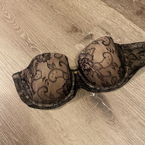 NATORI size 32D tan and black lace underwire push-up strapless Bra - Picture 7 of 10
